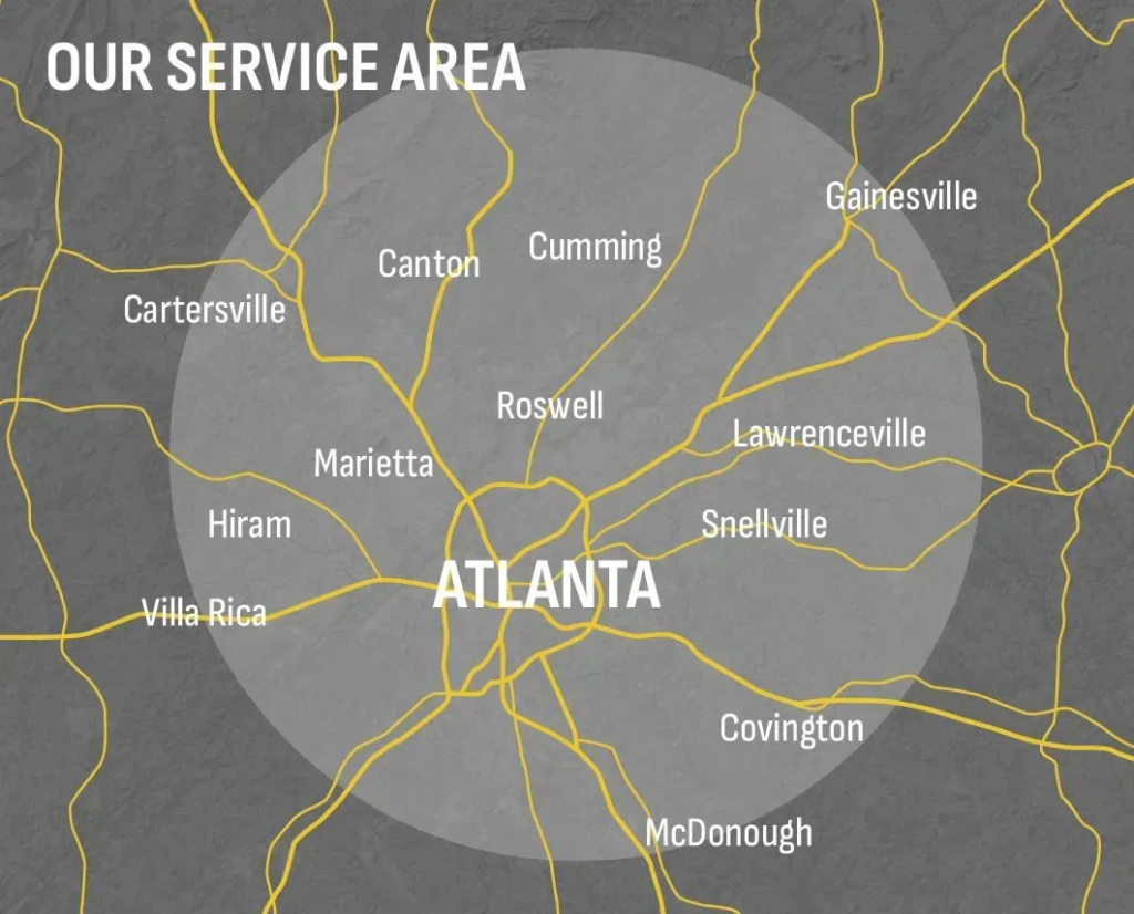Service area map for Fulton Paving Co, a paving contractor serving Atlanta GA and surrounding areas